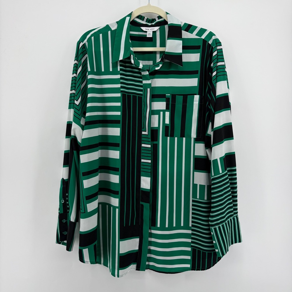 Nine West Womens XXL Green Geometric Striped Button Up Blouse Long Sleeve Pocket